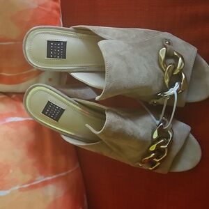 White House Black Market Taupe Suede Mules with Gold Chain